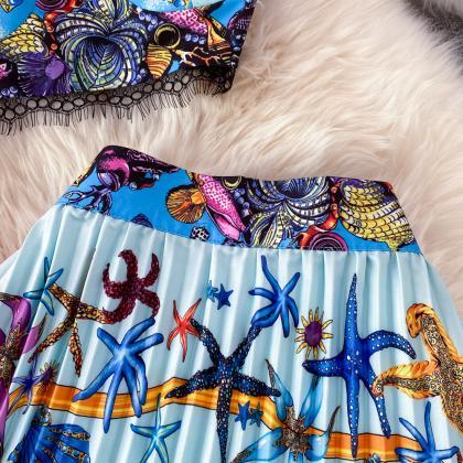 Women Print Skirt Sets Sexy Sleeveless Lace Strap..