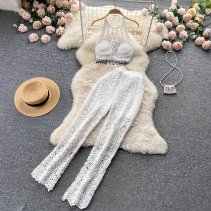 Women Sexy Knitted Two Piece Sets Short Tops Beach..