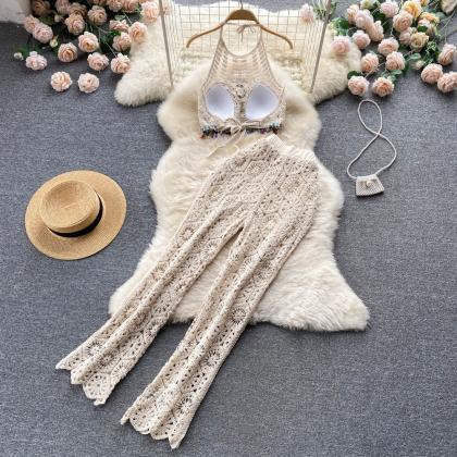 Women Sexy Knitted Two Piece Sets Short Tops Beach..