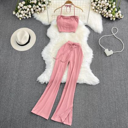 Spaghetti Strap Vintage Crop Tops And Pants Suit..