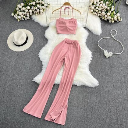 Spaghetti Strap Vintage Crop Tops And Pants Suit..