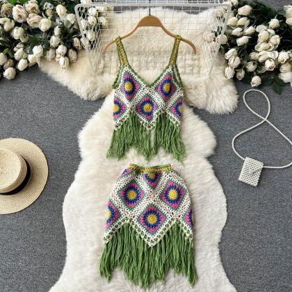 Tassel Knit Two Piece Sets Style Hollow Out Design..