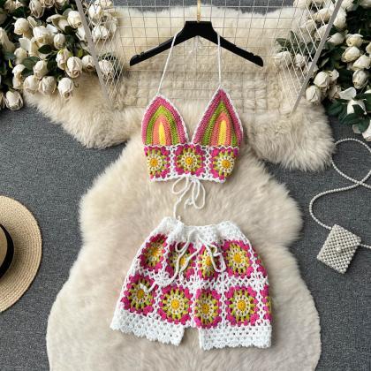 Two Piece Knit Sets Women Backless Halter Camisole..