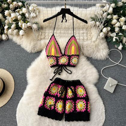 Two Piece Knit Sets Women Backless Halter Camisole..