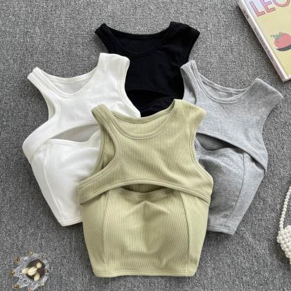 Solid Women Chest Pad Tops Sleeveless Chic Hollow..