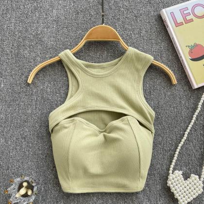 Solid Women Chest Pad Tops Sleeveless Chic Hollow..