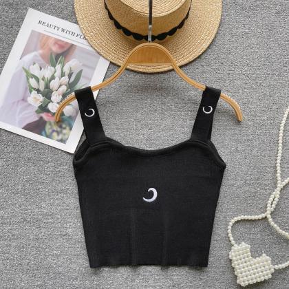 Moon Embroidery Knit Camisole Women Backless Strap..