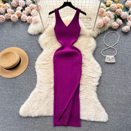 Sleeveless Casual Knit Dress Women V Neck Solid..