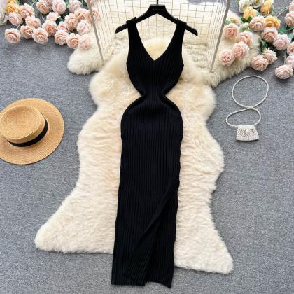 Sleeveless Casual Knit Dress Women V Neck Solid..