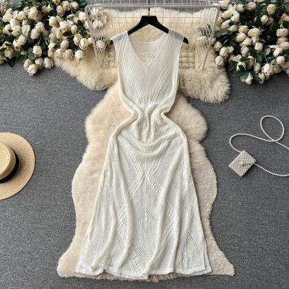 Sleeveless Casual Knit Dress Women White O Neck..