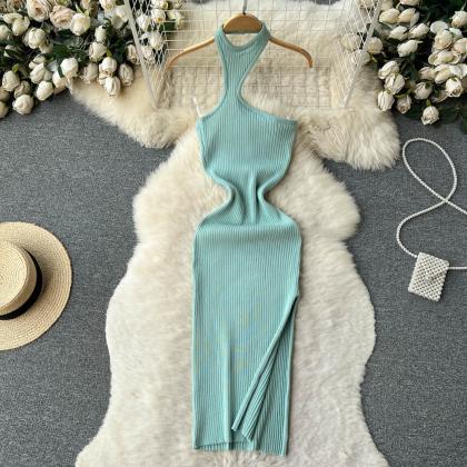 Backless Knit Dress Women Elegant Design Split..