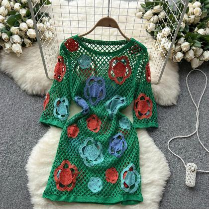 Knit Patchwork Dress Women Hook Hollow Out Design..