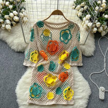 Knit Patchwork Dress Women Hook Hollow Out Design..