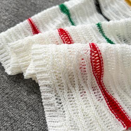 Knit Two Piece Sets Women Striped Retro O Neck Top..