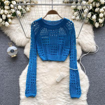 Knit Pullover Women O Neck Long Sleeve Hollow Out..