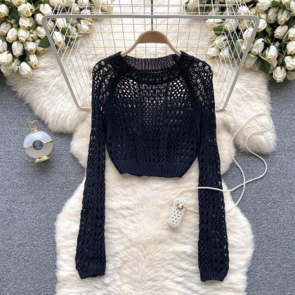 Knit Pullover Women O Neck Long Sleeve Hollow Out..