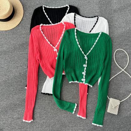 Knitted Cardigan Women Solid Ruffled Long Sleeve V..