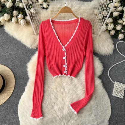 Knitted Cardigan Women Solid Ruffled Long Sleeve V..