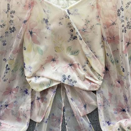 Floral Print Bow Design Chiffon Shirt Women Square..