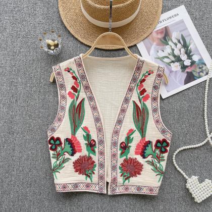 Floral Embroidery Knit Cardigan Women Sleeveless..