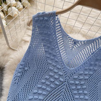 Sleeveless Knit Top Women V Neck Hollow Out..