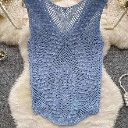 Sleeveless Knit Top Women V Neck Hollow Out..