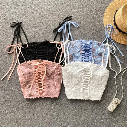 Patchwork Backless Tank Top Women Strap Lace Cross..