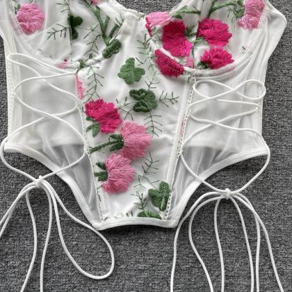 Mesh Camisole Embroidery Women Lace Up Cross White..