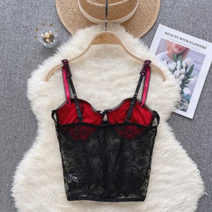 Lace Camisole Women Black Patchwork Backless Strap..