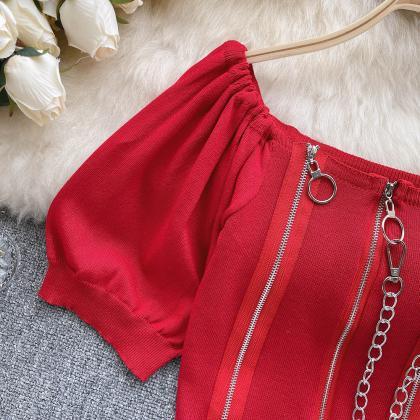 Zipper Knit Crop Top Women Chain Design Slash Neck..