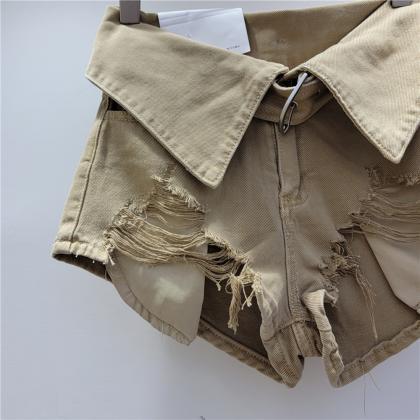 Irregular Hole Patchwork Short Jeans..