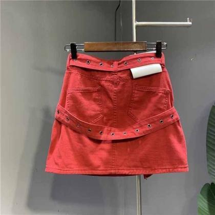 Fashion Adjustable Strap Design Denim Skirt..