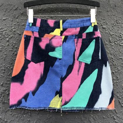 Fashion Tie Dye Print A-line Denim Short Skirt..