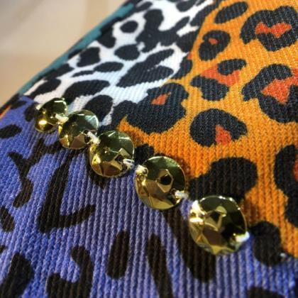 Fashion Beaded Drawstring Elastic Waist Leopard..