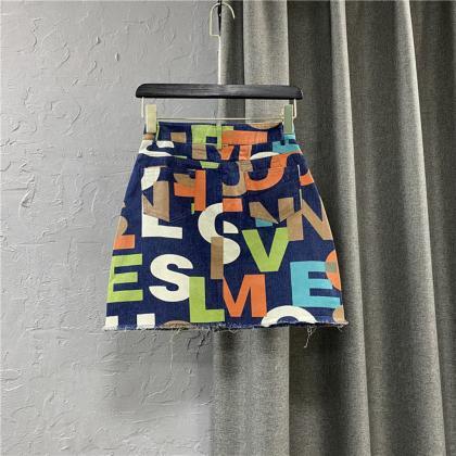 Fashion Color Lettering Denim Skirt..