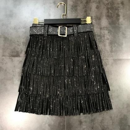Women Black Rhinestones Tassel Belt Skirt Arrivals..