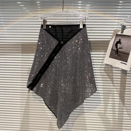 Irregular Diagonal Zipper Design Skirt Women Shiny..