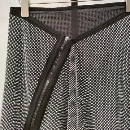 Irregular Diagonal Zipper Design Skirt Women Shiny..