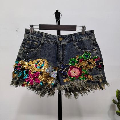 Trend Sequin Floral Burrs Hole Denim Shorts..