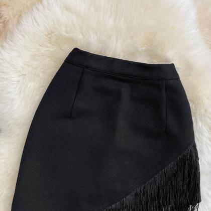 Women Black Irregular Tassel Skirt Arrivals High..