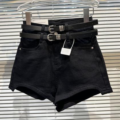 Personality Double Belt Designer Denim Shorts..