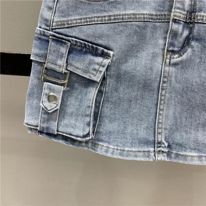 Fashion Pocket Patchwork Denim Cargo Skirt For..