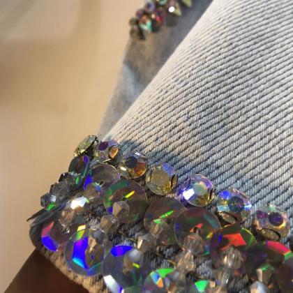 Fashion Diamond Sequin High Waist Denim Shorts..