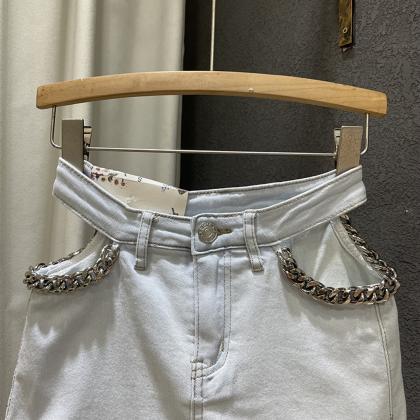 Hollow Out High Waist Chain Design Denim Skirt..