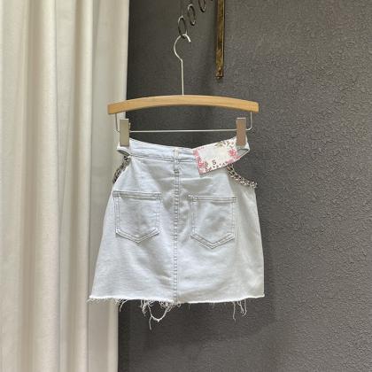 Hollow Out High Waist Chain Design Denim Skirt..