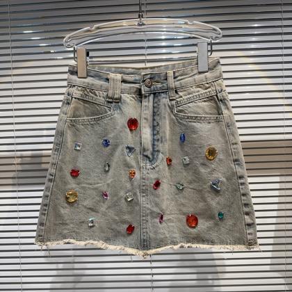 Gradient Color Shiny Splice Burrs Denim Skirt..