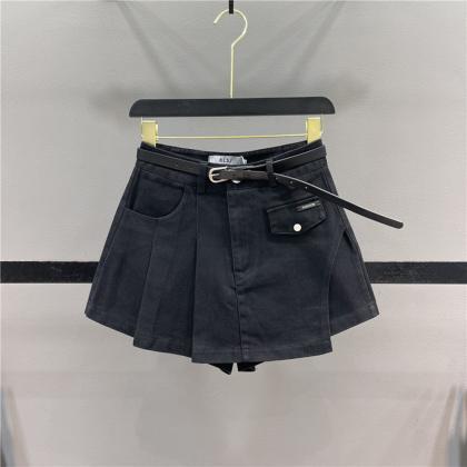 Fashion Irregular Pleated Denim Skirt Women Solid..