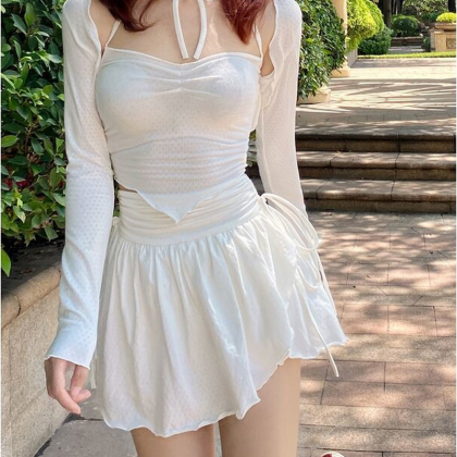 Sexy Cute White Mini Skirt Women Drawstring Folds..