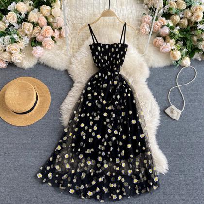 Fashion Daisy Flower Print Mesh Dress Two Layers..