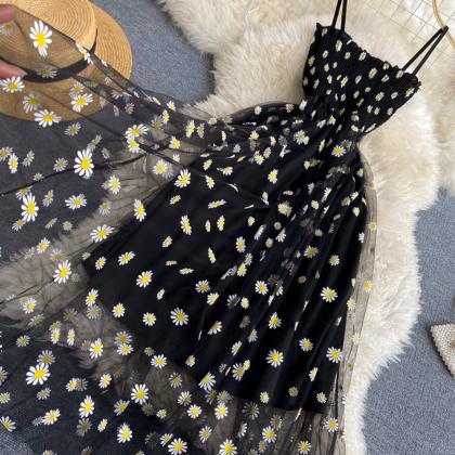 Fashion Daisy Flower Print Mesh Dress Two Layers..